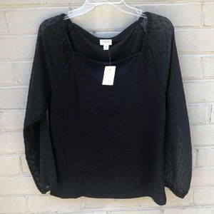 NWT JCrew Black Square Neck TopW/Sheer Dot Sleeve